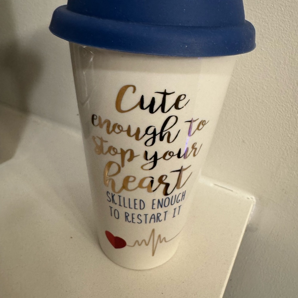 White Travel Mug with Blue Lid